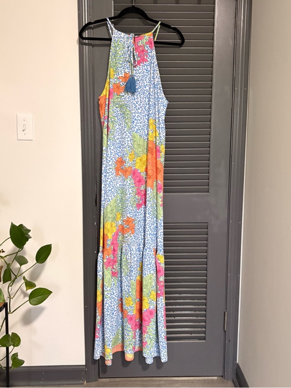 Caroline Hill Tropical Halter Maxi Dress - Blue/Orange/Pink - Picture 4 of 5